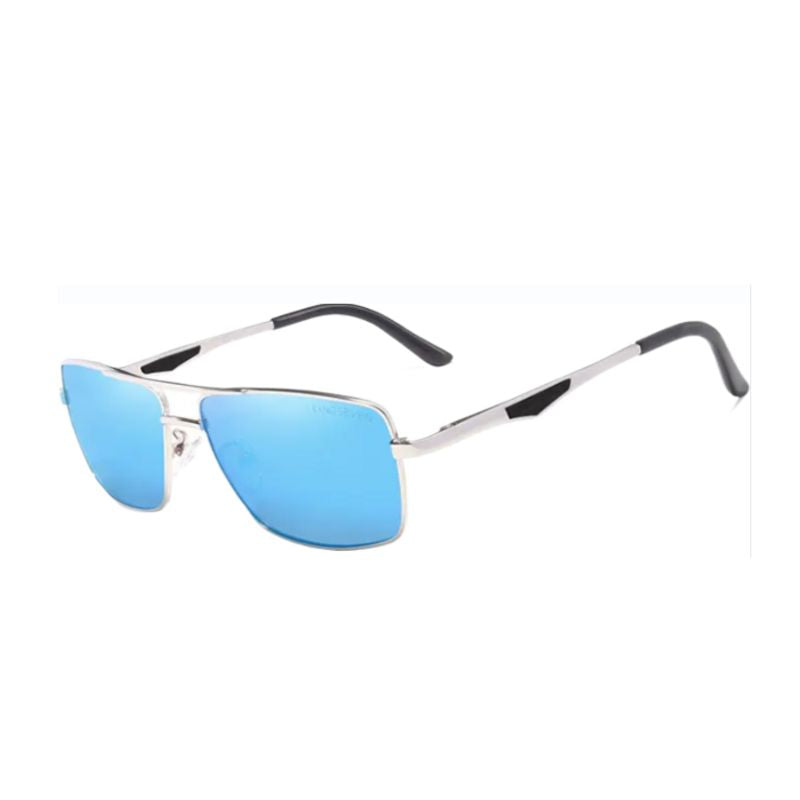 Lunettes de soleil carrées classiques à verres bleu polarisés et protection UV400 - monture et branches en aluminium - coloris argent et noir