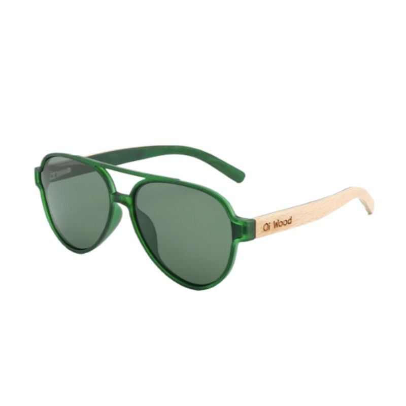 Lunettes de soleil Pilote polarisées avec double pont et verres de qualité en polycarbonate vert et branches en bois de bambou de couleur naturelle