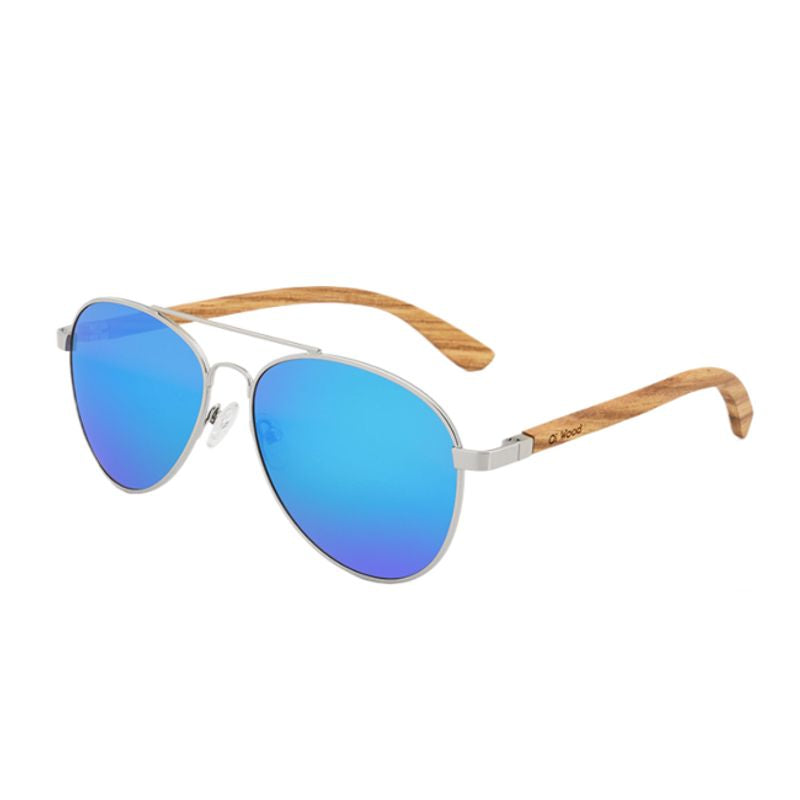 Lunettes de soleil Aviateur polarisées avec double pont et verres de qualité en polycarbonate bleu et branches en bois de bambou de couleur naturelle