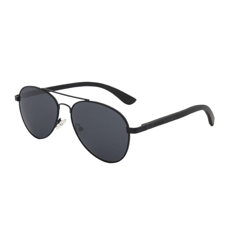 Lunettes de soleil Aviateur polarisées avec double pont et verres de qualité en polycarbonate gris et branches en bois de bambou de couleur noir