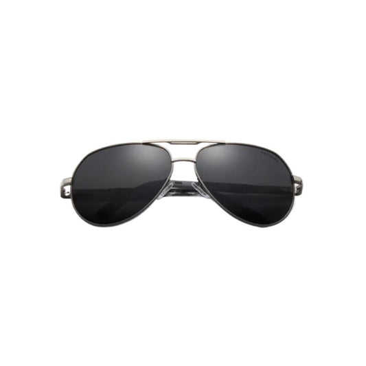 Lunettes de soleil pilote Ari avec verres polarisés et cadre en aluminium - photo prise de face avec branches pliées - coloris gris, argent et gun