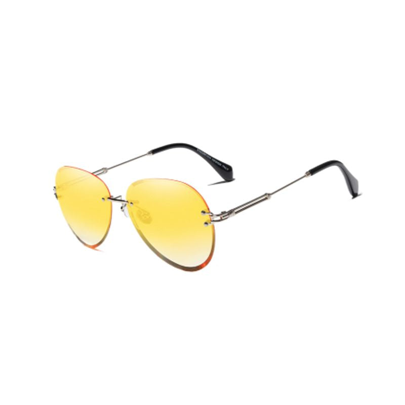 Lunettes de soleil pilote sans monture, verres percés dégradés de couleur jaune et branches en métal - Femme