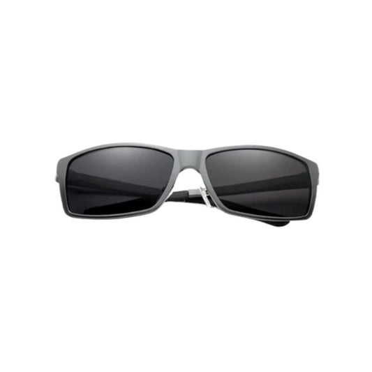 Lunettes de soleil rectangulaires Marius , pliées et vues de face en aluminium - verres gris en polycarbonate polarisés - coloris gun