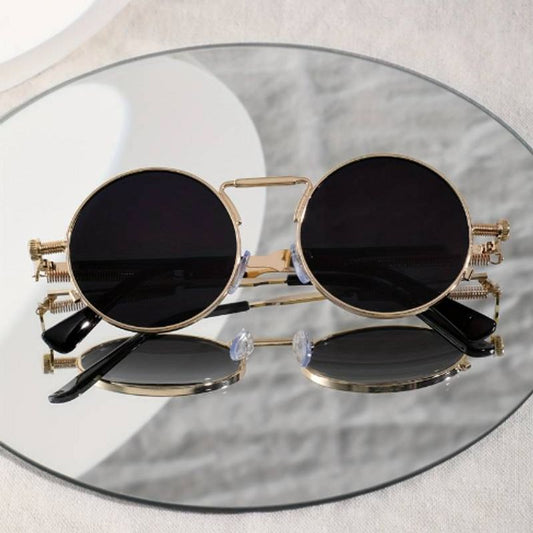 Lunettes de soleil rondes steampunk rétro de style gothique en métal de couleur or