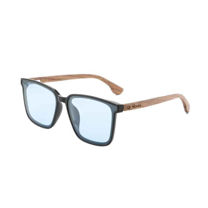 Lunettes de soleil voyageur avec branches en bois signé de la marque Oi Wood - unisexe - coloris verres polarisés bleu