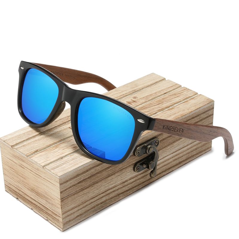 Lunettes de soleil Voyageur avec verres polarisés et branches en bois de noyer - protection UV400 - unisexe - coloris bleu