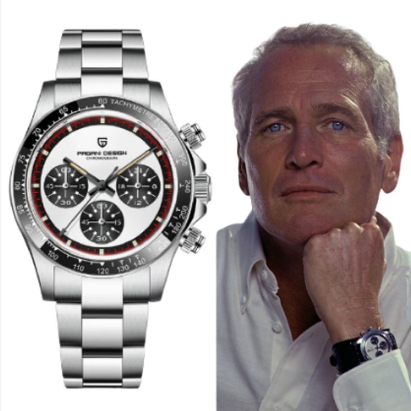 Montre hommage à la prestigieuse Dayton Newman - photo vue de face de la superbe montre signé Pagani Design et du portrait de Paul Newman avec la Daytona au poignet
