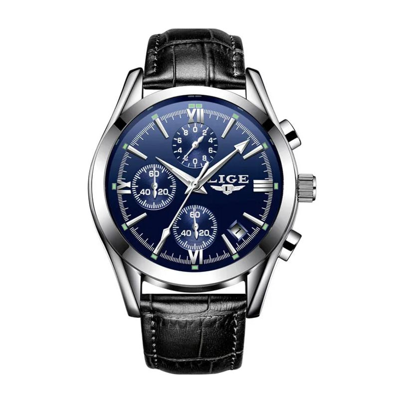 Montre LIGE Chrono Style avec boîtier en argent et bracelet en cuir noir, cadran bleu.