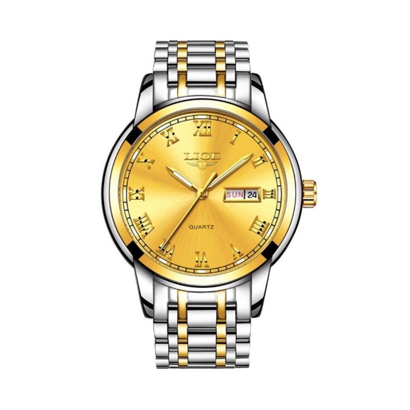 Montre sport Jordan à quartz de qualité - marque Lige - Bracelet boucle papillon en acier inoxydable - Cadran de couleur or