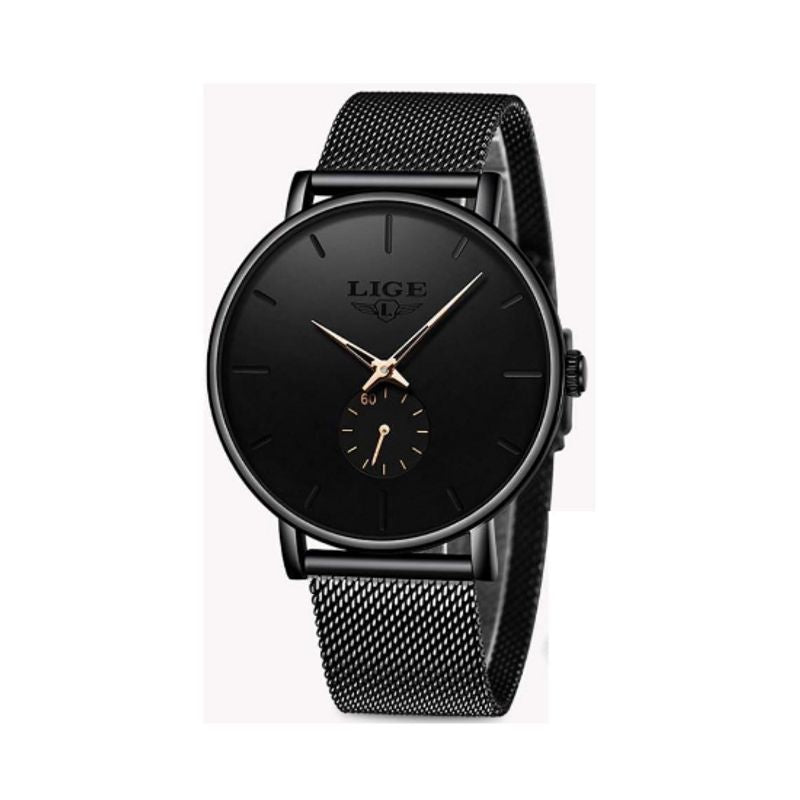 Montre Top Casual avec sous-cadran pour les secondes, bracelet à maille milanaise en acier inoxydable pour femme - coloris noir et or rose