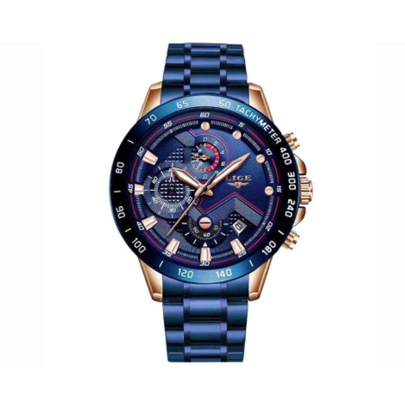 Montre top tachymÚtre à mouvement a quartz de qualité japonaise - bracelet avec boucle papillon en acier inoxydable bleu - coloris cadran et boitier bleu - couronne et poussoirs de couleur or - montre de marque Lige pour homme