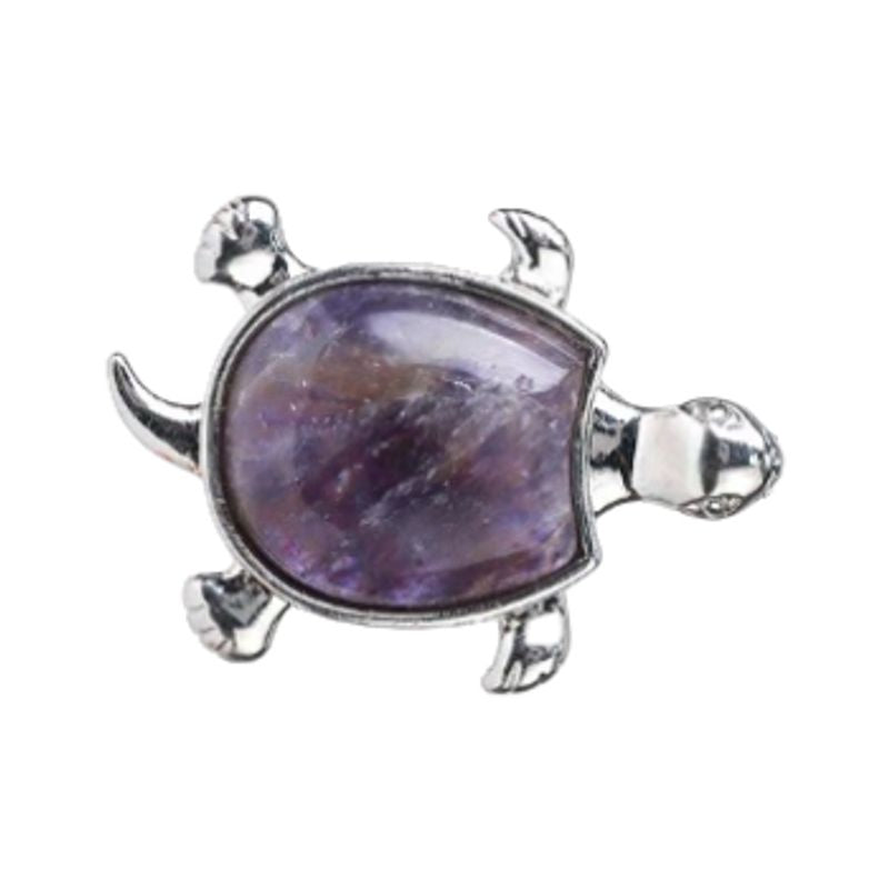 Pendentif en métal plaqué platine avec tortue en pierre fine naturelle améthyste violette - pierre semi-précieuse 