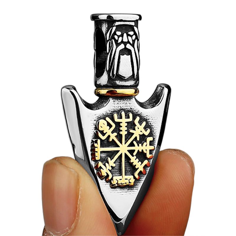 Pendentif Viking celte avec boussole nordique en forme d'embout de flèche en acier inoxydable - couleur or et argent