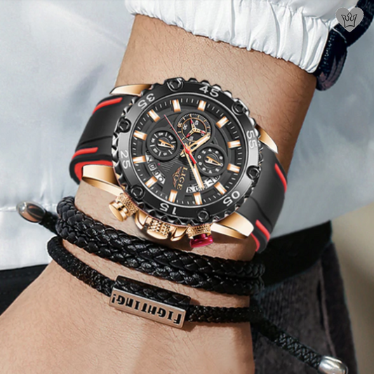 Montre LIGE Homme Grand Cadran Acier 316L Bracelet Silicone Rouge et Noir