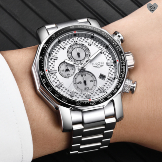 Montre LIGE Homme Chronographe et Tachymètre de Luxe à Quartz en Acier
