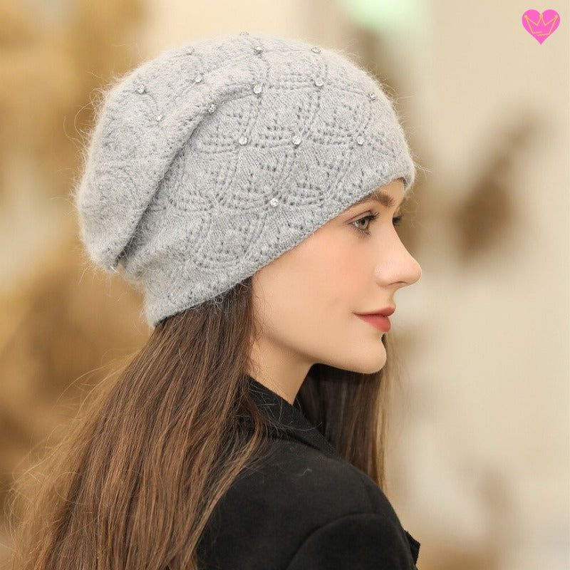 Bonnet chic tricoté en laine de qualité avec doublure douce - matériaux strass angora et acrylique
