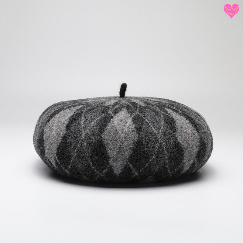 Béret Cézanne en feutre de laine de mouton imprimé plaid en losange - coloris noir