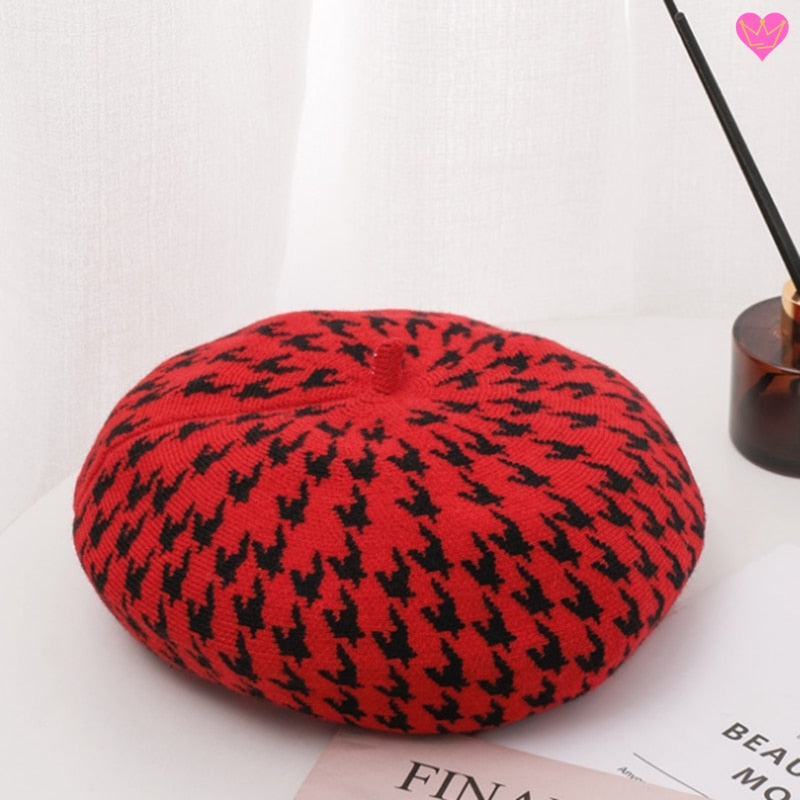 Béret Cueco à pied de poule avec cabillou au style français en laine pour femme - coloris rouge