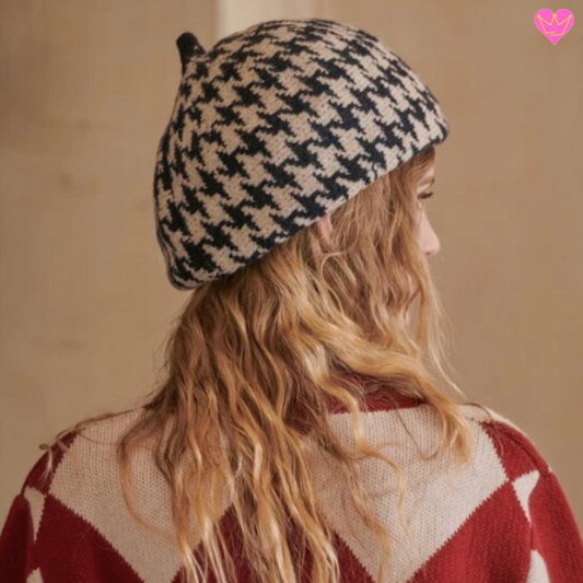 Béret intemporel de style français avec cabillou en laine acrylique chaude et douce - motif pied de poule pour femme