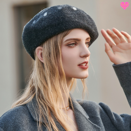 Béret peintre style français avec cabillou traditionnel en feutre de laine imprimé de pois pour femme