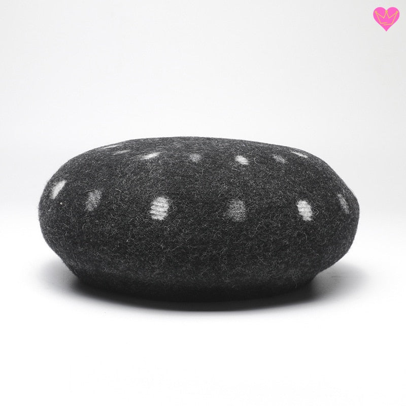 Béret Renoir en feutre de laine de qualité imprimé pois pour femme - coloris gris