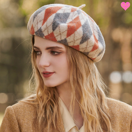 Béret style français avec cabillou en feutre de laine imprimé de losange pour femme