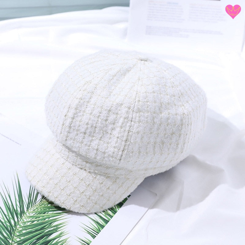 Béret visière Gigi à carreaux de forme octogonale en feutre polyester de qualité pour femme - coloris blanc