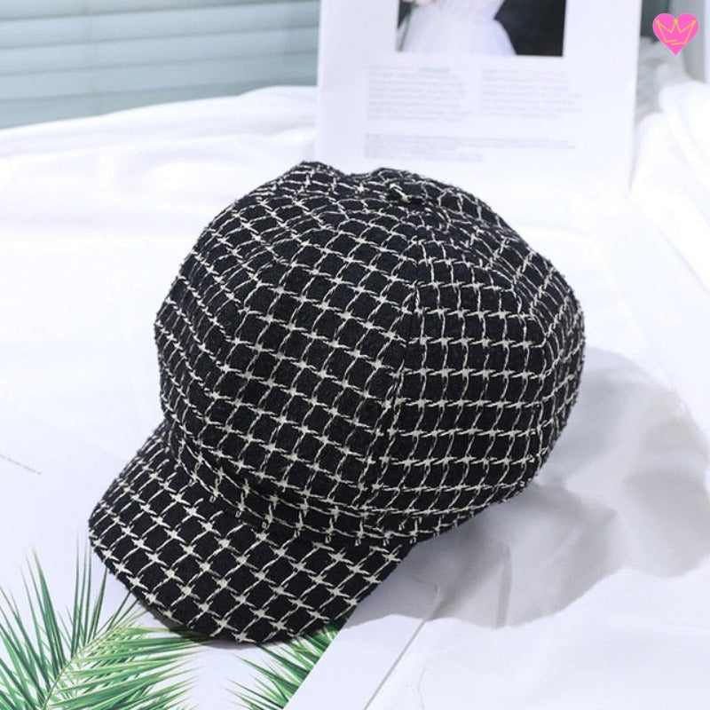 Béret visière Gigi à carreaux de forme octogonale en feutre polyester de qualité pour femme - coloris noir et blanc
