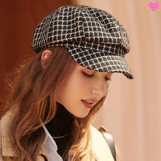 Béret visière tendance de style français avec bouton top en feutrine de couleur noir et blanc - femme