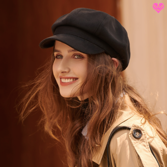 Béret visière tendance de style français avec bouton top en feutrine de couleur unie pour femme