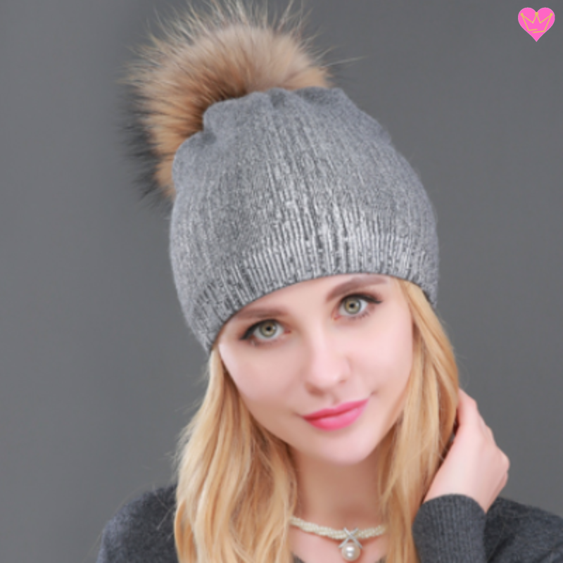 Bonnet brillant doublé en laine cachemire coton et acrylique avec pompon naturel - bonnet coloris gris et argent