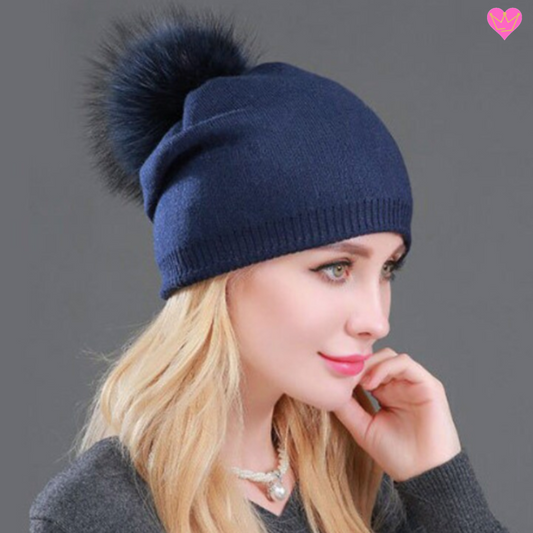Bonnet cool et chic en laine cachemire avec doublure douce et chaude - pompon dense en fourrure naturelle