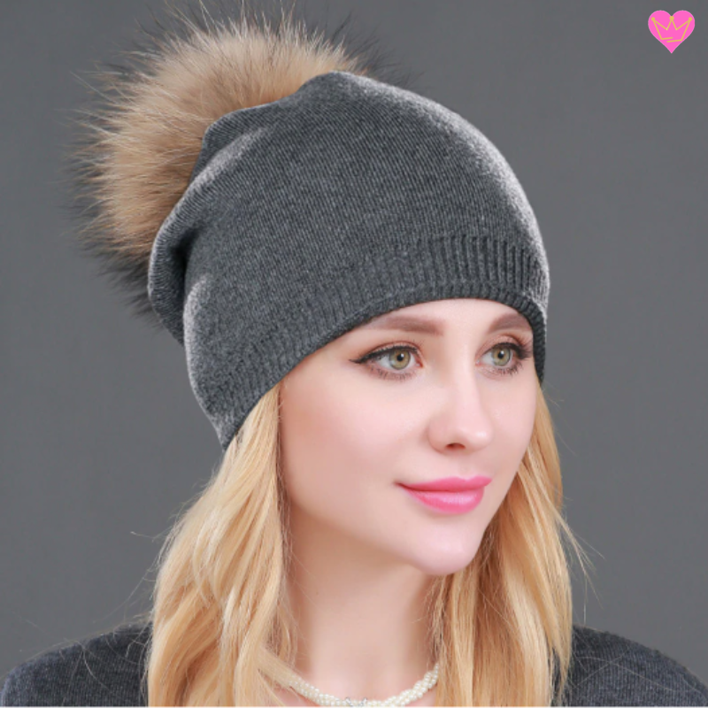 bonnet avec doublure en laine cachemire et acrylique - pompon naturel - bonnet coloris gris