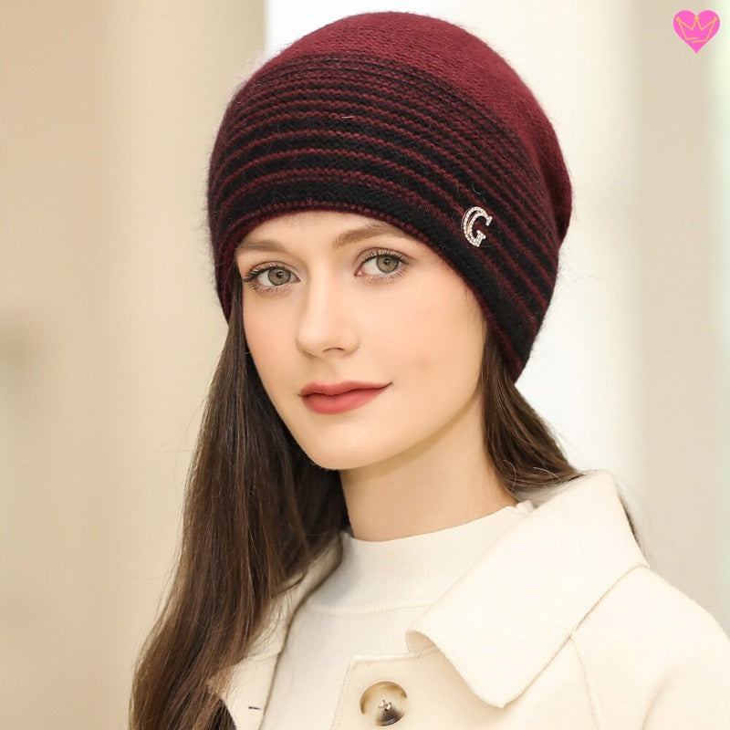 Bonnet Goldeck à rayure en laine Angora poil de lapin et laine acrylique - coloris bordeaux et noir