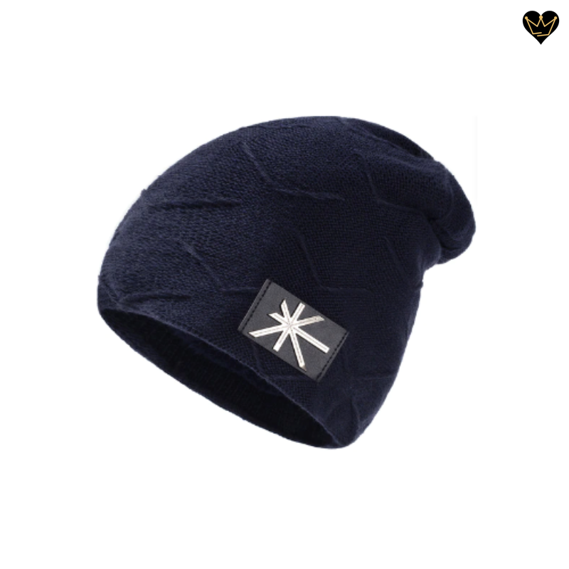 Bonnet Melrose tricoté en laine acrylique avec logo cousu de l'union Jack - doublure chaude en peluche - coloris bleu marine