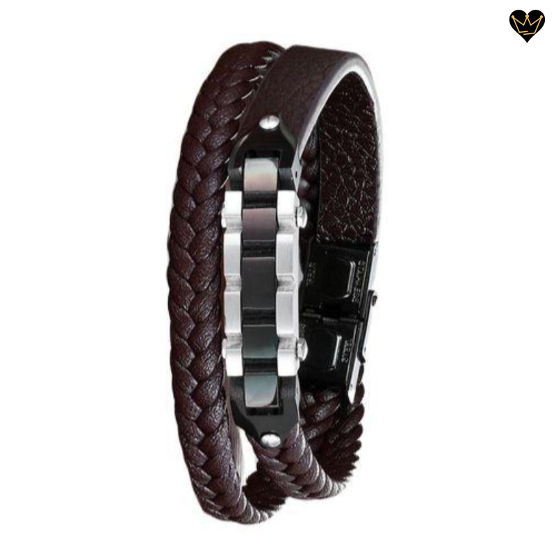 Bracelet en cuir marron pour homme avec maillons design en acier - coloris argent et noir