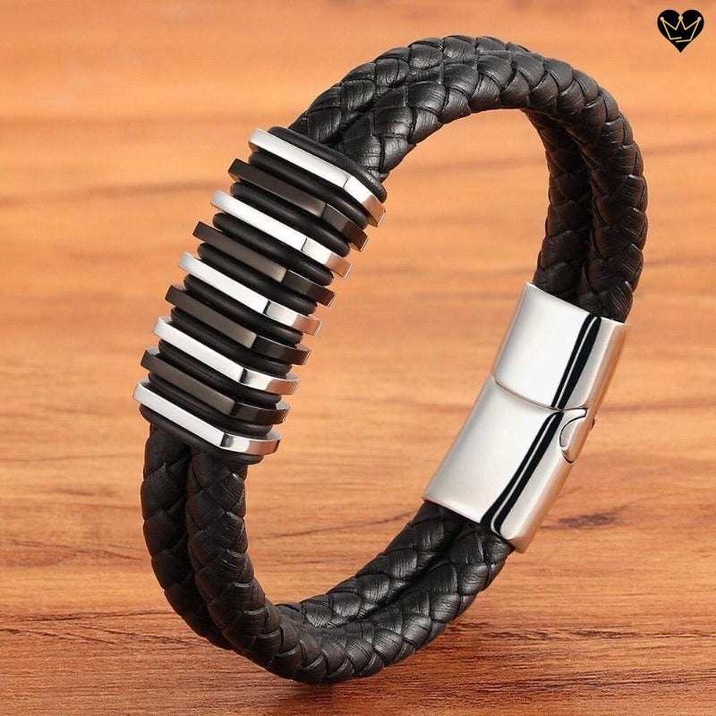 Bracelet en cuir noir avec charms plats empilés et fermoir magnétique en acier inoxydable - coloris argent et noir
