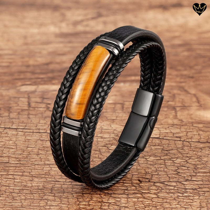 Pulsera Uno de Cuero Negro con Piedra Natural para Hombre