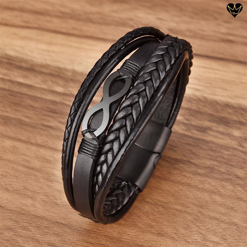 Bracelet en cuir noir pour homme avec symbole infini en acier inoxydable - coloris noir