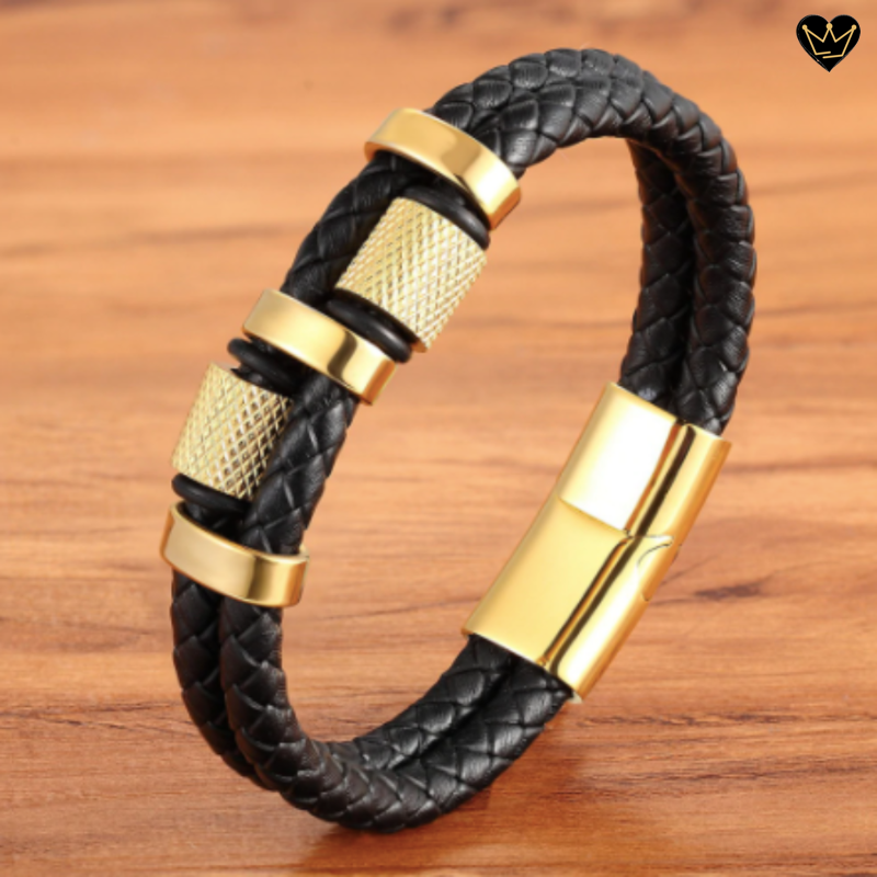 Bracelet en cuir véritable noir avec charms molettes et perle acier inoxydable - coloris or