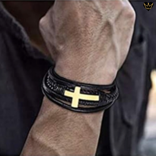 Bracelet pour homme en cuir véritable avec croix latine - hypoallergénique