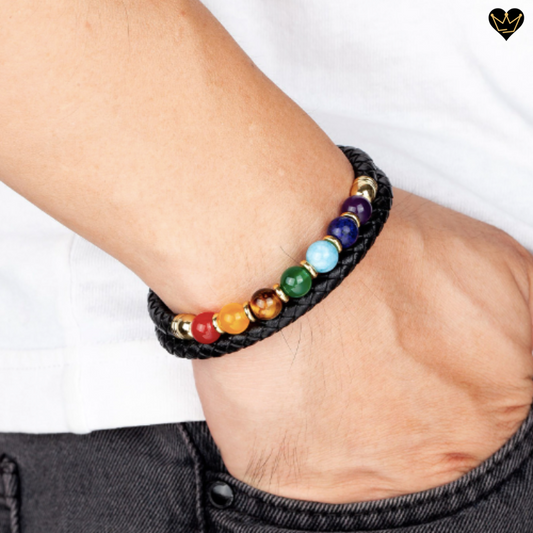 Bracelet homme avec double tresse en cuir noir véritable et 7 chakras - hypoallergénique