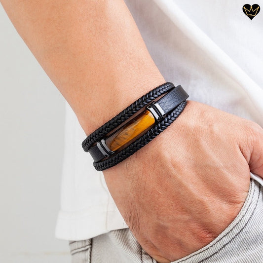 Bracelet homme multi-lanières en cuir noir avec pierre naturelle oeil de tigre