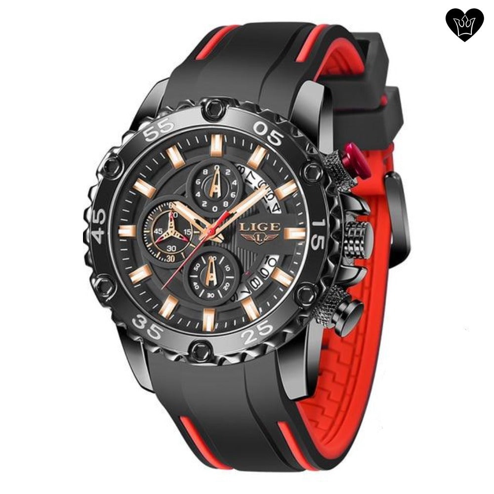 Montre LIGE Homme Grand Cadran Noir Bracelet Silicone Rouge et Noir