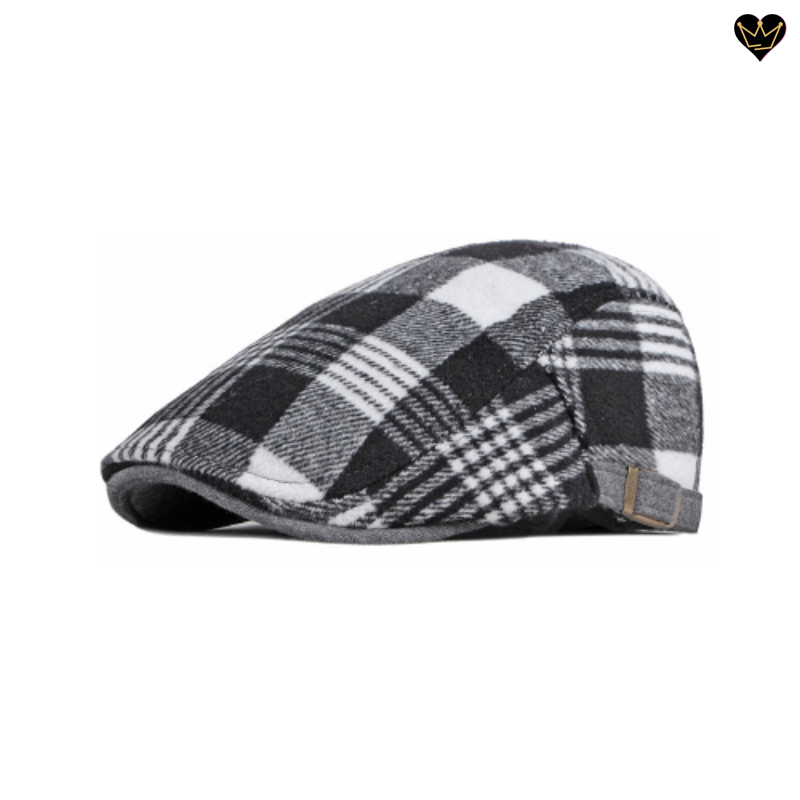 Casquette plate anglaise Jack à carreaux avec visiÚre curve intégrée en laine mélangée de qualité - coloris noir et blanc