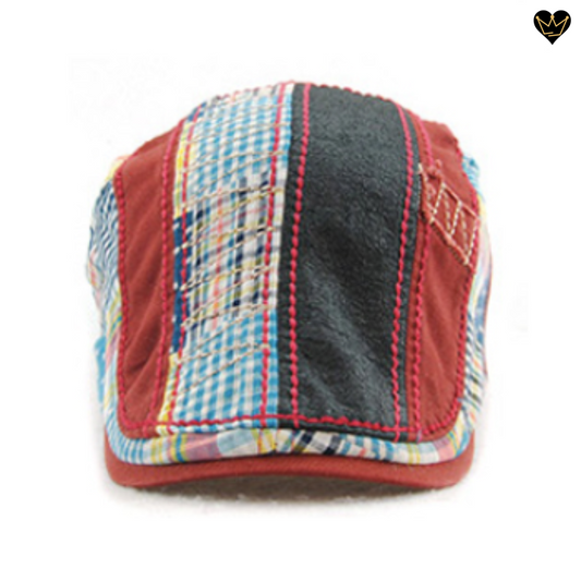 Casquette de golf plate à tartan patchwork avec visière intégrée pour homme