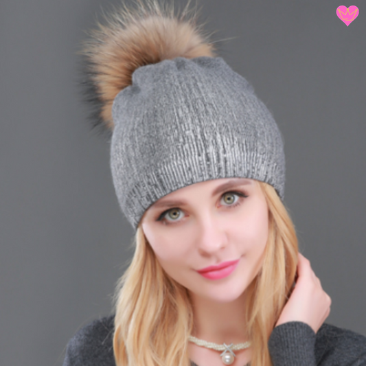 Gorro de Cachemira Brillante con Pompón para Mujer