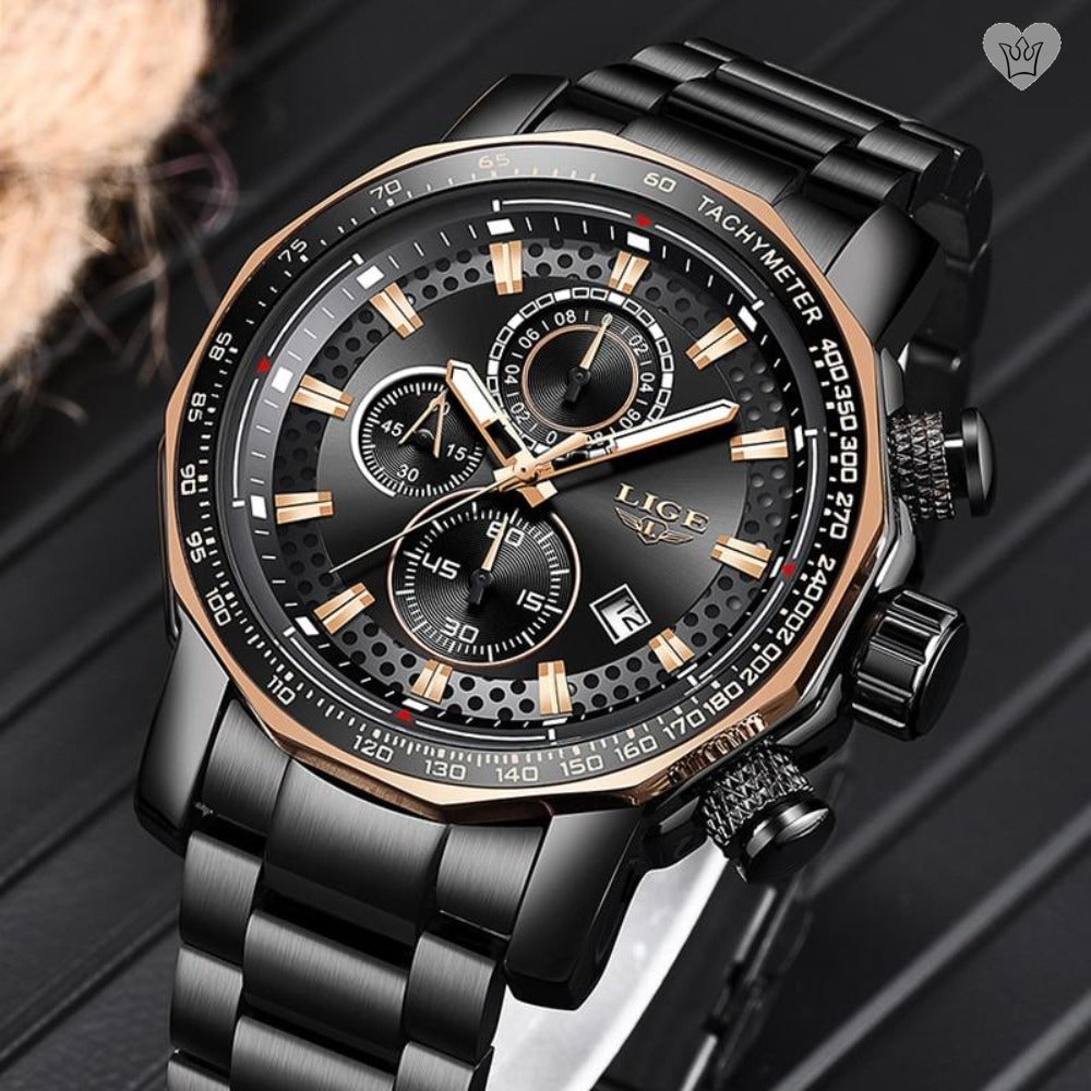 Montre LIGE Homme Chronographe de Luxe à Quartz en Acier Chirurgical HQ