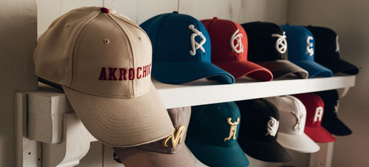 Collection de casquettes de baseball posée sur des étagères en bois blanc, au premier plan un casquette beige avec l'inscription en rouge de la boutique Akrochic  