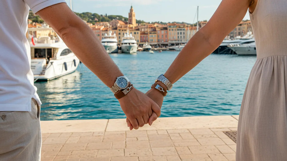 Un couple se tient la main sur un quai méditerranéen, chacun portant un bracelet en cuir élégant assorti à sa montre. Scène lumineuse d’été, ambiance douce et complice face aux bateaux et au ciel bleu.